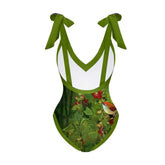 V Neck Floral One Piece Lace Up Swimsuit